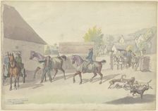 Manor house with horses and vehicles, 19th century. Creator: Johann Erdmann Gottlieb Prestel