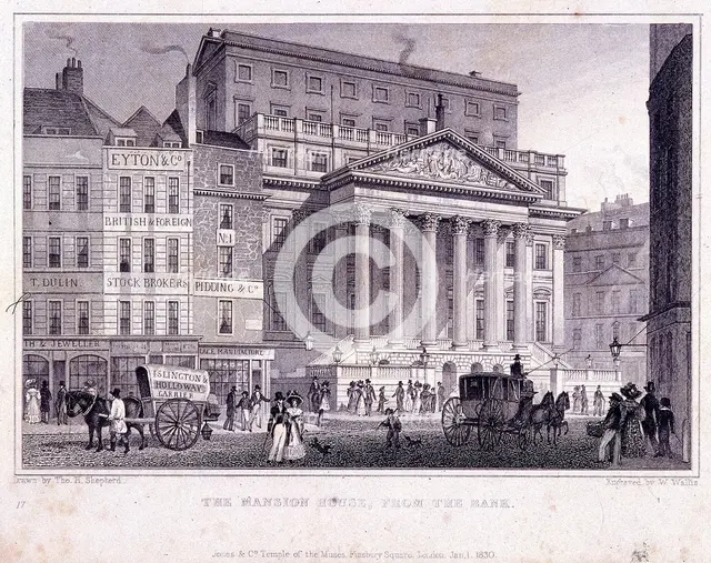 Mansion House (exterior), London, 1830. Artist: W Wallis