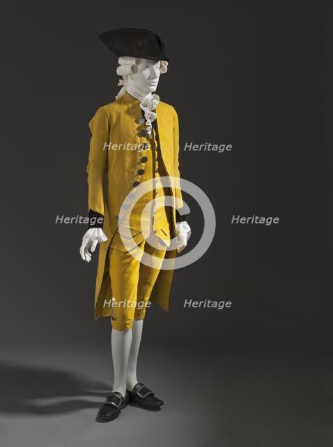 Man's 3-piece suit (coat, waistcoat, and breeches), Spain, c.1785. Hat: c.1780.. Creator: Unknown.