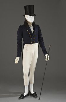 Man’s tailcoat, probably England, 1825-1830. Pantaloons: 1825-1850, Stock: c.1830, Top hat: c.1815. Creator: Unknown