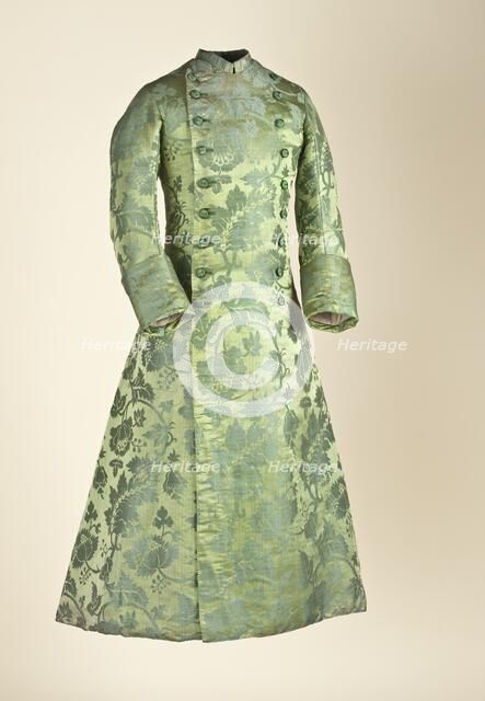 Man's fitted, double-breasted banyan or at-home robe, with cuffed, two-piece..., 1750-60. Creator: Unknown.