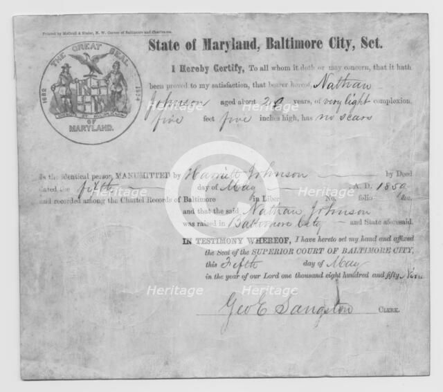 Manumission certificate for Nathan Johnson from "State of Maryland, Baltimore City, Sct"., 1859. Creator: Unknown.