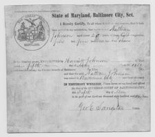 Manumission certificate for Nathan Johnson from "State of Maryland, Baltimore City, Sct"., 1859. Creator: Unknown
