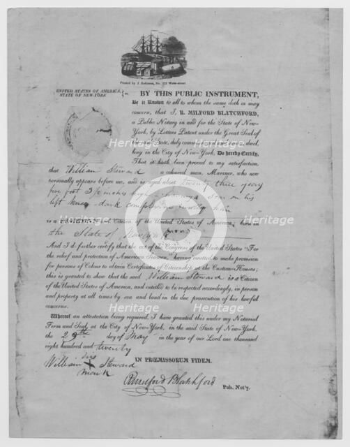 Manumission certificate for William Steward, mariner granted citizenship, 1820-05-29. Creator: Unknown.