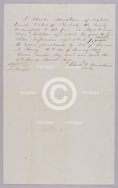 Manumission paper for Matilda and Cassandra Derickson, 1849. Creator: Unknown.