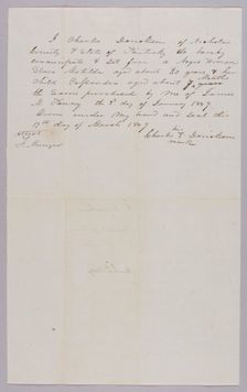 Manumission paper for Matilda and Cassandra Derickson, 1849. Creator: Unknown