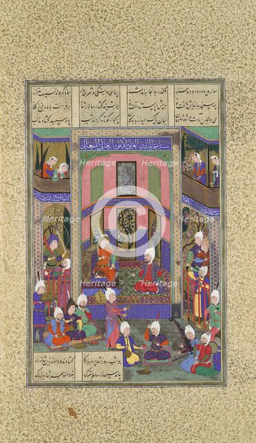 Manuchihr Welcomes Sam but Orders War upon Mihrab, Folio 80v from the Shahnama..., c.1525. Creator: 'Abd al-'Aziz.