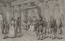 Manuel Godoy in the presence of Charles IV and Maria Luisa of Parma, c1801, (1851). Creator: Unknown