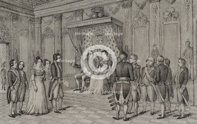Manuel Godoy in the presence of Charles IV and Maria Luisa of Parma, c1801, (1851). Creator: Unknown.