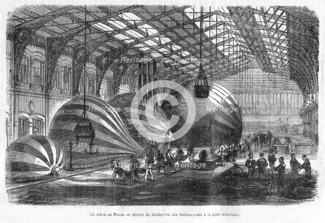 Manufacture of Mail Balloons at Gare d'Orleans during the Siege of Paris, pub. 1871 (engraving). Creator: Charles Fichot (1817 - 1903).