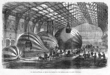 Manufacture of Mail Balloons at Gare d'Orleans during the Siege of Paris, pub. 1871 (engraving). Creator: Charles Fichot (1817 - 1903)
