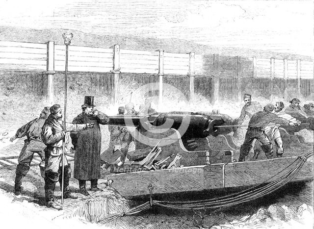 Manufacture of the Armstrong Gun at Woolwich Arsenal: the guns at the proof-butts, 1862. Creator: Unknown.