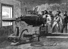 Manufacture of the Armstrong Gun at Woolwich Arsenal: naval practice with a 100-pounder, 1862. Creator: Unknown