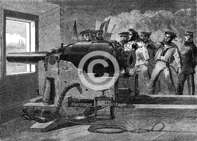 Manufacture of the Armstrong Gun at Woolwich Arsenal: naval practice with a 100-pounder, 1862. Creator: Unknown.