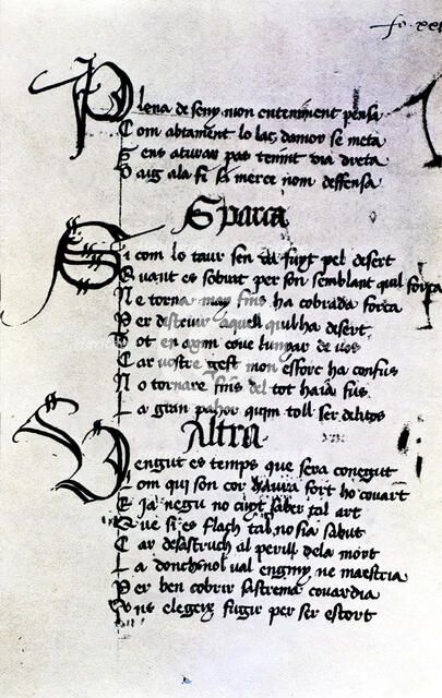 Manuscript by Ausias March, folio XXIX, XXVIII poems, Gothic writing with ornamented initials wit…