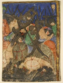Manuscript Cutting Showing a Scene from Hebrew Scripture, Perhaps the Life of King David(?), c.1400. Creator: Unknown
