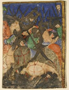 Manuscript Cutting Showing a Scene from Hebrew Scripture, Perhaps the Life of King David(?), c.1400. Creator: Unknown