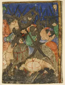 Manuscript Cutting Showing a Scene from Hebrew Scripture, ... the Life of King David (?), ca. 1400. Creator: Unknown