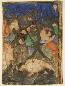 Manuscript Cutting Showing a Scene from Hebrew Scripture, ... the Life of King David (?), ca. 1400. Creator: Unknown