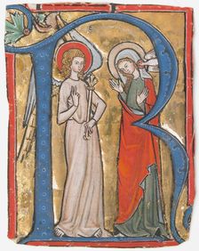 Manuscript Illumination with the Annunciation in an Initial R, from a Gradual, ca. 1300. Creator: Unknown