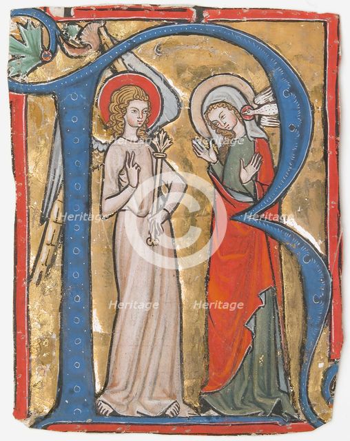 Manuscript Illumination with the Annunciation in an Initial R, from a Gradual, ca. 1300. Creator: Unknown.