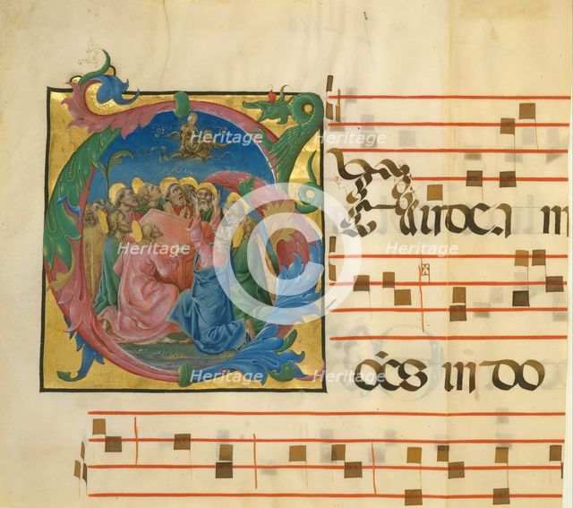 Manuscript Illumination with the Assumption of the Virgin in an Initial G..., Italian, 1450-60. Creator: Unknown.
