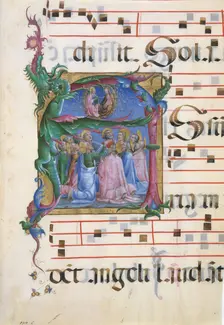Manuscript Illumination with the Assumption of the Virgin in an Initial A..., Italian, 1450-60. Creator: Unknown