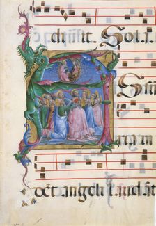Manuscript Illumination with the Assumption of the Virgin in an Initial A..., Italian, 1450-60. Creator: Unknown