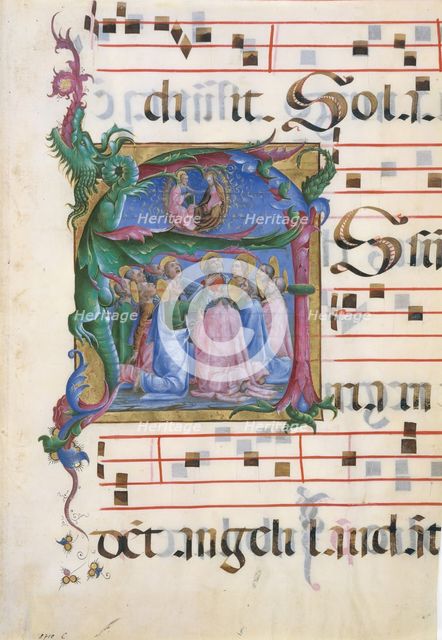 Manuscript Illumination with the Assumption of the Virgin in an Initial A..., Italian, 1450-60. Creator: Unknown.