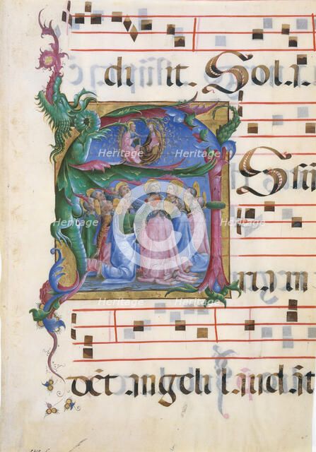 Manuscript Illumination with the Assumption of the Virgin in an Initial A..., 1450-60. Creator: Cosmè Tura.