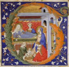 Manuscript Illumination with the Birth of the Virgin in an Initial G, from a Gradual, ca. 1375. Creator: Silvestro dei Gherarducci