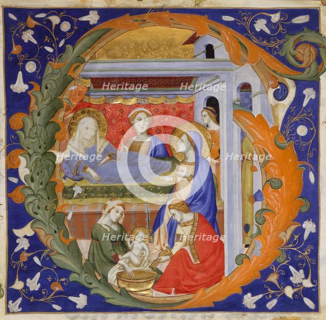 Manuscript Illumination with the Birth of the Virgin in an Initial G, from a Gradual, ca. 1375. Creator: Silvestro dei Gherarducci.