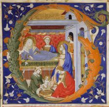 Manuscript Illumination with the Birth of the Virgin in an Initial G, from a Gradual, Italian, ca. 1 Creator: Silvestro dei Gherarducci