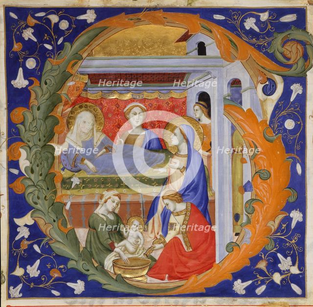 Manuscript Illumination with the Birth of the Virgin in an Initial G, from a Gradual, Italian, ca. 1 Creator: Silvestro dei Gherarducci.