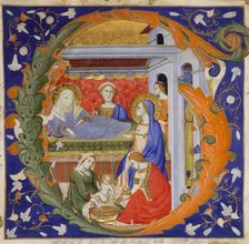 Manuscript Illumination with the Birth of the Virgin in an Initial G, from a Gradual, ca. 1375. Creator: Silvestro dei Gherarducci