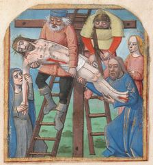 Manuscript Illumination with the Descent from the Cross, from a Book of Hours, late 15th century. Creator: Unknown