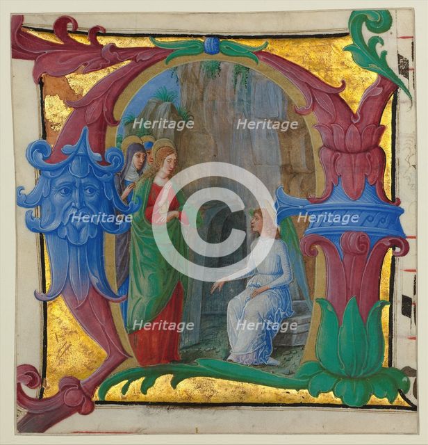 Manuscript Illumination with the Holy Women at the Tomb in an Initial A..., Italian, ca. 1490-1500. Creator: Girolamo dai Libri.