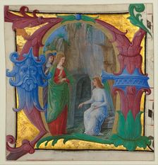 Manuscript Illumination with the Holy Women at the Tomb in an Initial A..., ca. 1490-1500. Creator: Girolamo dai Libri