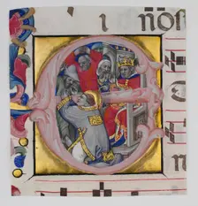 Manuscript Illumination with the Martyrdom of Saint Stephen in an Initial E..., ca. 1394-1402. Creator: Niccolo di Giacomo da Bologna