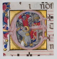 Manuscript Illumination with the Martyrdom of Saint Stephen in an Initial E..., ca. 1394-1402. Creator: Niccolo di Giacomo da Bologna