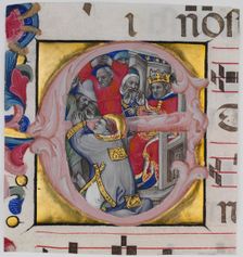 Manuscript Illumination with the Martyrdom of Saint Stephen in an Initial E..., c1394-1402. Creator: Niccolo di Giacomo da Bologna