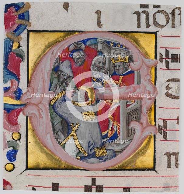Manuscript Illumination with the Martyrdom of Saint Stephen in an Initial E..., c1394-1402. Creator: Niccolo di Giacomo da Bologna.