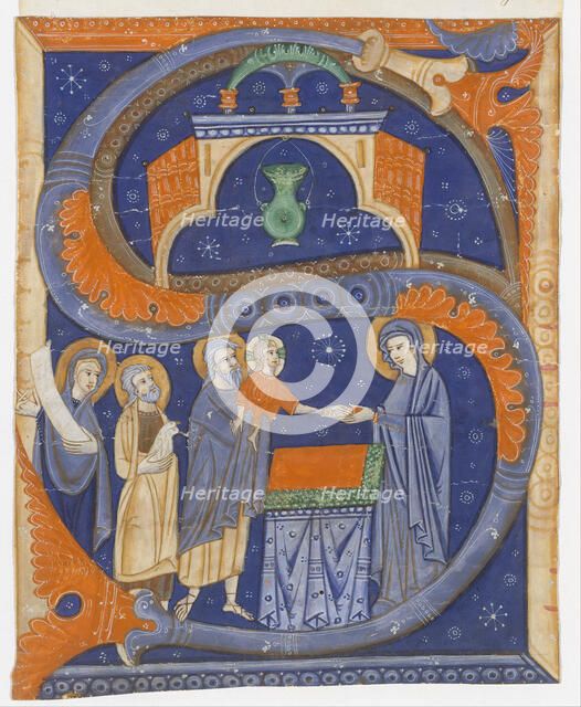 Manuscript Illumination with the Presentation of Christ in the Temple in an Initial S..., ca. 1278. Creator: Master of Bagnacavallo.