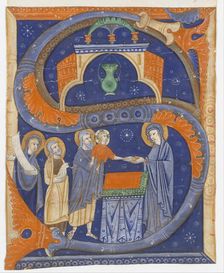 Manuscript Illumination with the Presentation of Christ in the Temple in an Initial S..., ca. 1278. Creator: Master of Bagnacavallo