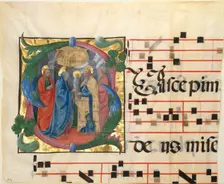 Manuscript Illumination with the Presentation in the Temple in an Initial S, 1450-60. Creator: Cosmè Tura