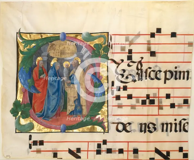 Manuscript Illumination with the Presentation in the Temple in an Initial S, 1450-60. Creator: Cosmè Tura.