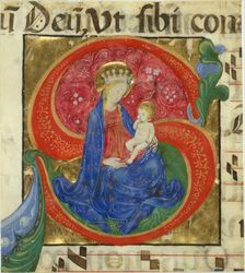 Manuscript Illumination with the Virgin and Child in an Initial S..., mid-15th century. Creator: Master of the Franciscan Breviary