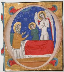 Manuscript Illumination with Tobit, Tobias, and the Archangel Raphael in an Initial O..., mid-14th c Creator: Unknown