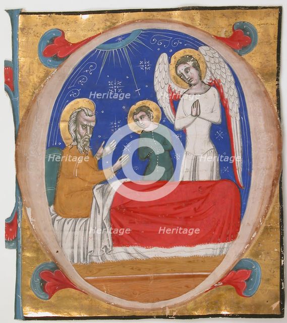 Manuscript Illumination with Tobit, Tobias, and the Archangel Raphael in an Initial O..., mid-14th c Creator: Unknown.