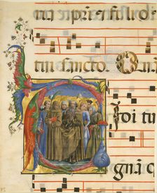 Manuscript Illumination with All Saints in an Initial V, from an Antiphonary, Italian, 1450-60. Creator: Unknown